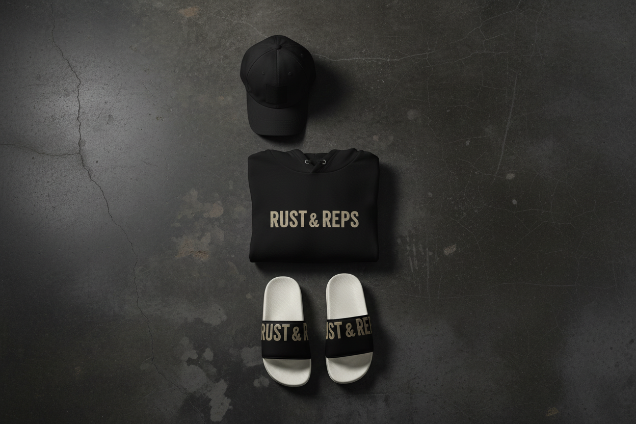 rustNreps new drop — hoodie, cap and slippers flat lay